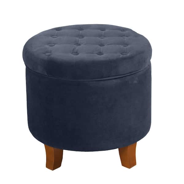 Benjara Blue and Brown Velvet Round Storage Ottoman