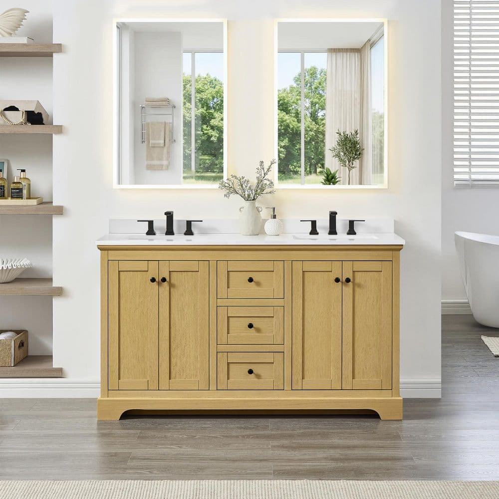 Avery 60 in. Double Freestanding Honey Oak Bath Vanity with White Quartz Top price history on PriceWatchPro