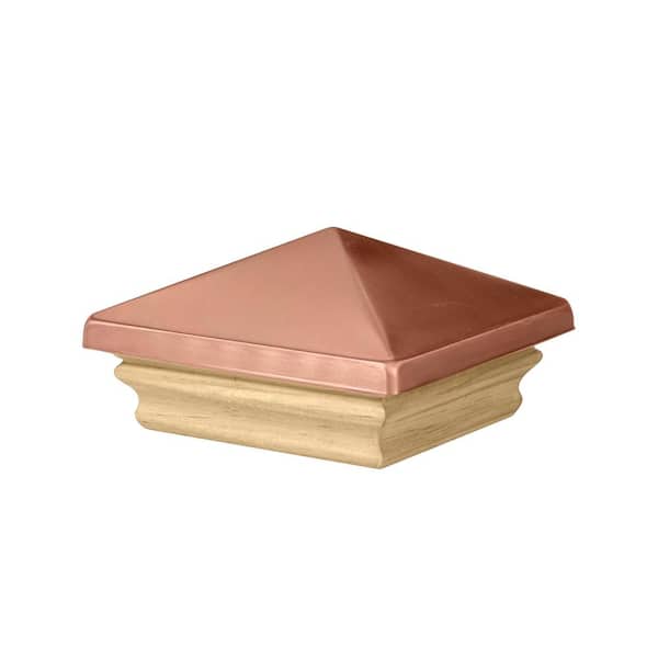 Copper Pyramid Post Cap with Pine Base - Fits 4 in. x 4 in. Nominal Posts - DIY Porch, Deck, Fence Decor