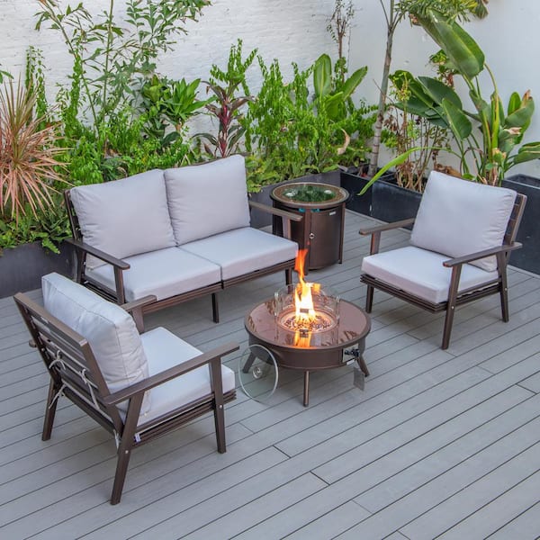 Leisuremod Walbrooke Brown 5-Piece Aluminum Round Patio Fire Pit Set with Light Grey Cushions and Tank Holder