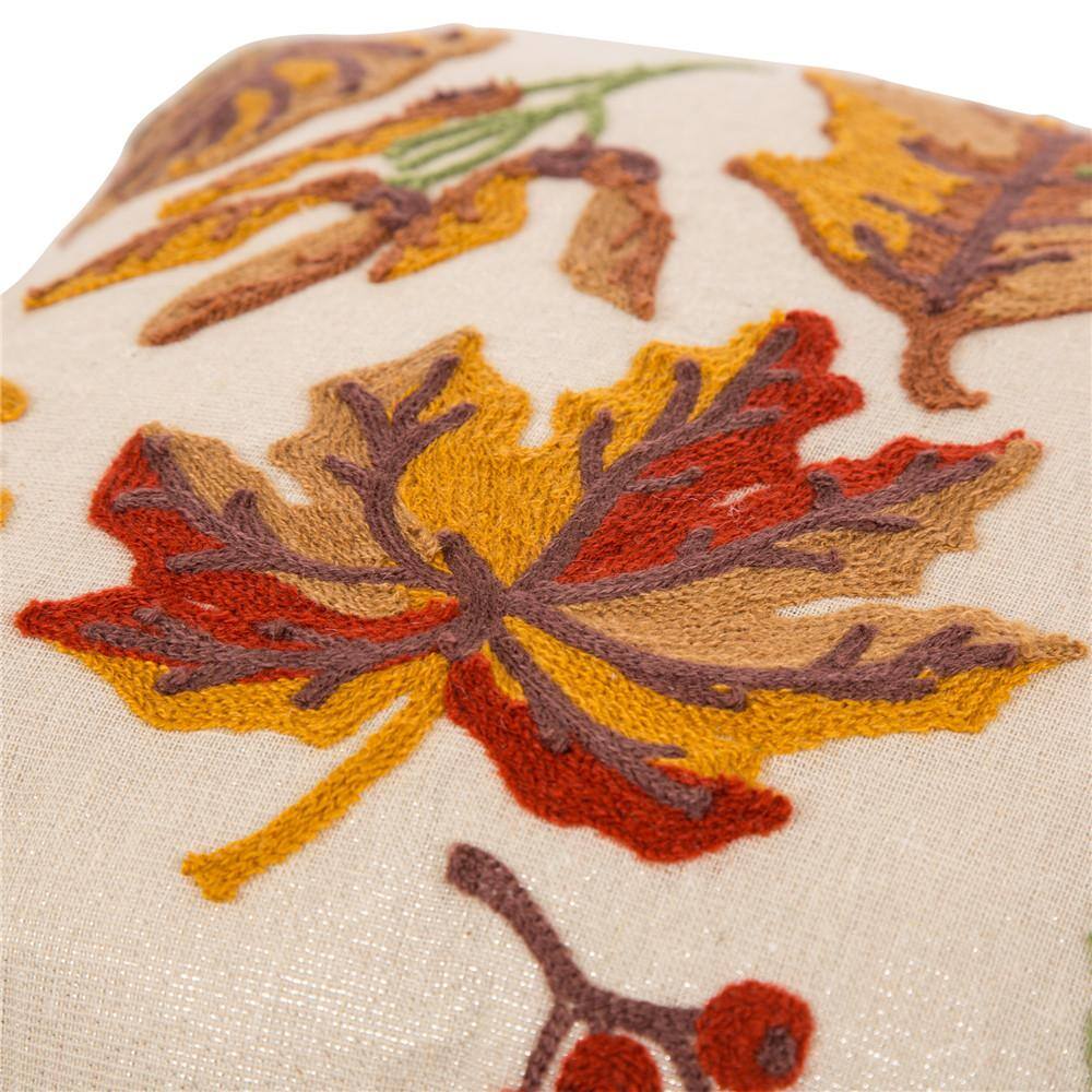 Beige and Brown Embroidered Linen Square Thanksgiving Throw Pillow Set