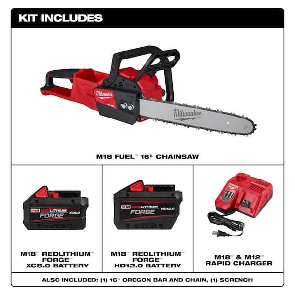 M18 FUEL 16 in. 18V Brushless Cordless Battery Powered Chainsaw w/ 12.0 Ah & 8.0 Ah FORGE Battery, Rapid Charger