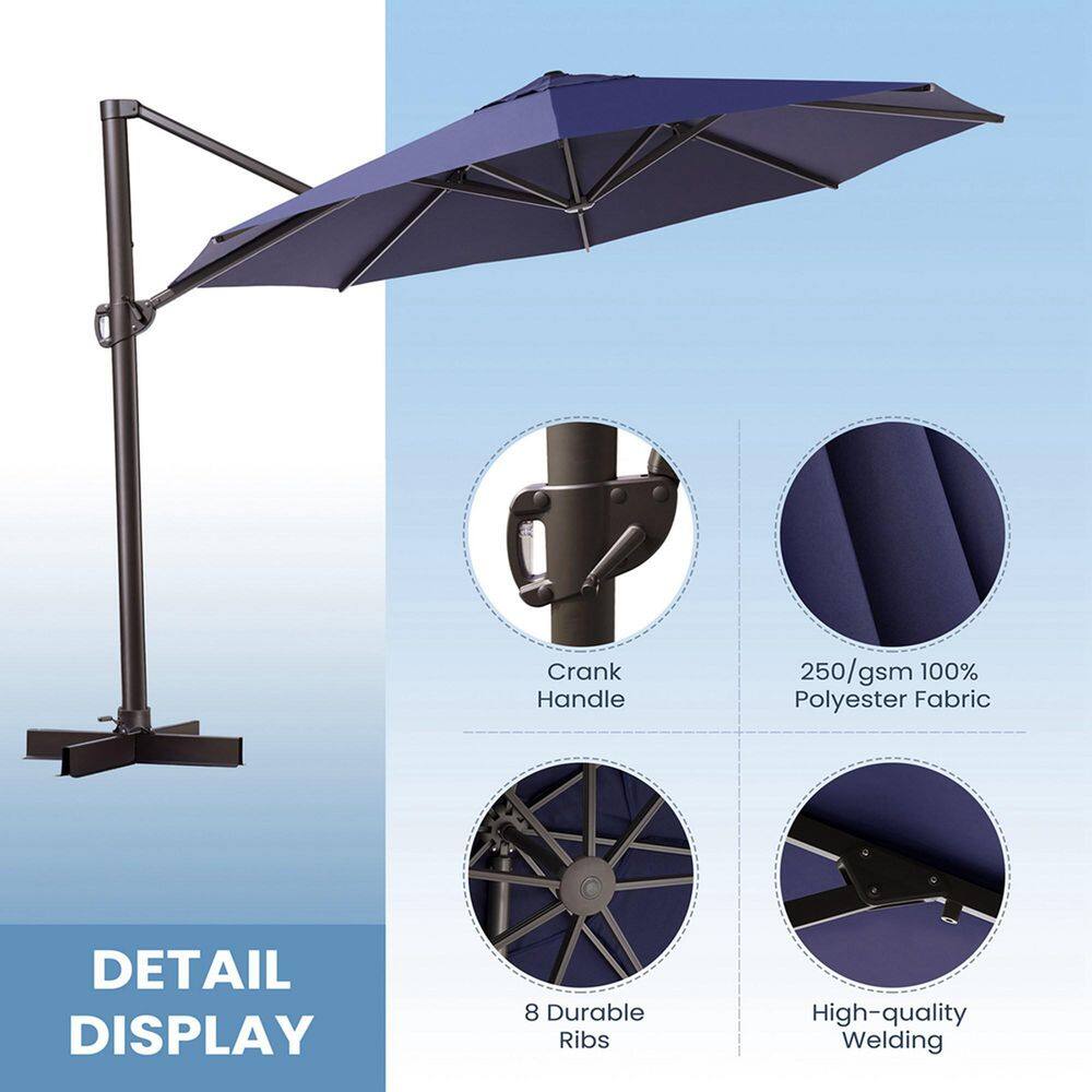 Navy Blue 12 FT Round Cantilever Patio Umbrella with Powder Coated Metal Frame