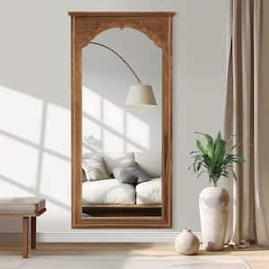 35 in. W x 71 in. H Classic Rectangle Wood Framed Natural Color Floor Mirror Decorative Wood Carve Design Mirror