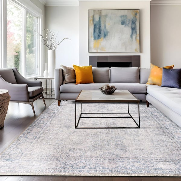 Transitional Distressed Vintage Machine Washable Blue 10 ft. x 14 ft. Area Rug