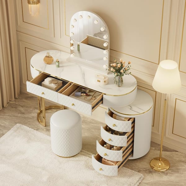 beige color dressing table Cassandra Common Luxury Beige Vanity Table with Adjustable Mirror and main image 0