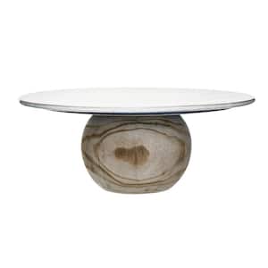 12.12 in. W x 5 in. H x 12.12 in. D Round White Speckled Natural Stoneware Pedestal Serving Tray Wood Ball Base