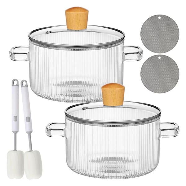 2-Piece Clear Glass Cooking Pot Set Borosilicate Heat Resistant Saucepan with Lid Handle and Silicone Mats