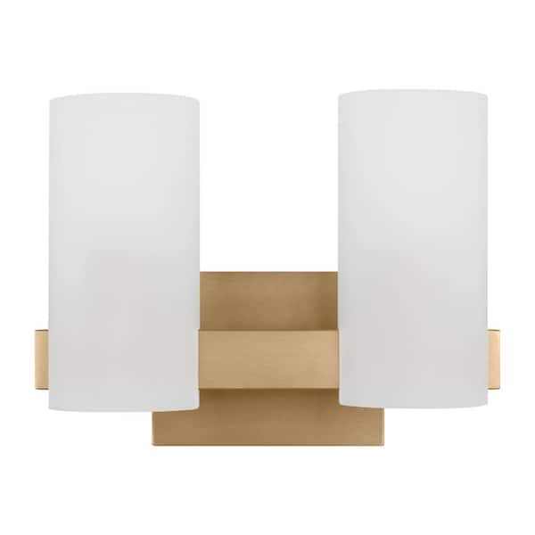 SCOTT LIVING Rhode 12.13 in. 2-Light Satin Brass Medium Vanity Light with Etched Glass Shades