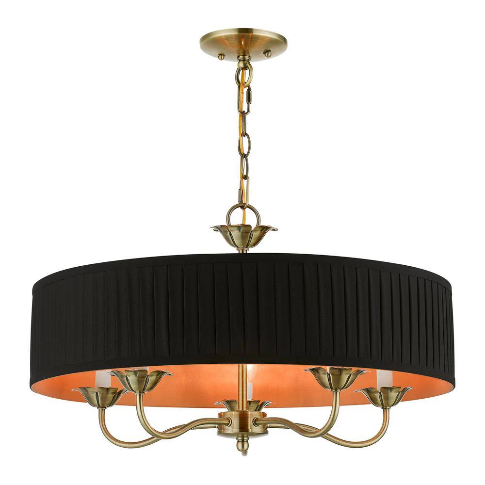 Antique Brass Floral 5-Light Drum Chandelier with Pleated Shade