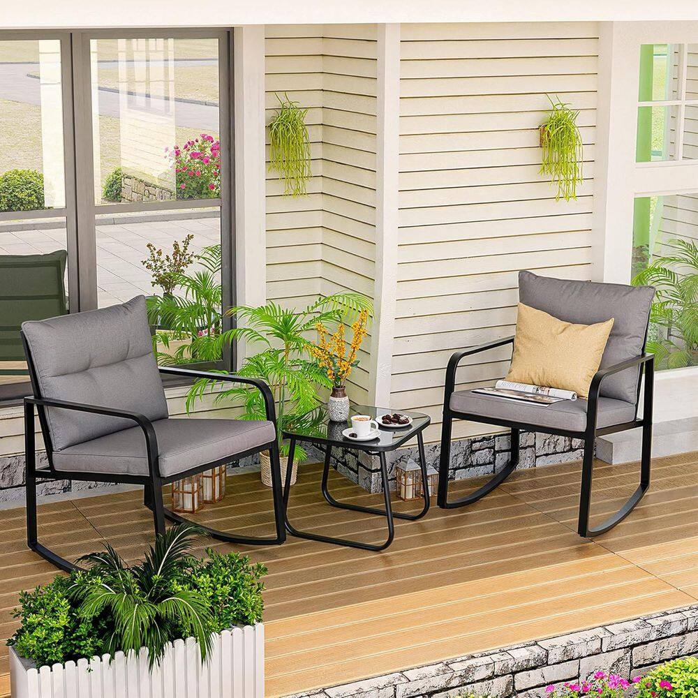 3-Piece Steel Frame Rocking Patio Bistro Set with Cushions & Glass Coffee Table, Seating for Balcony Backyard, Gray price history on PriceWatchPro