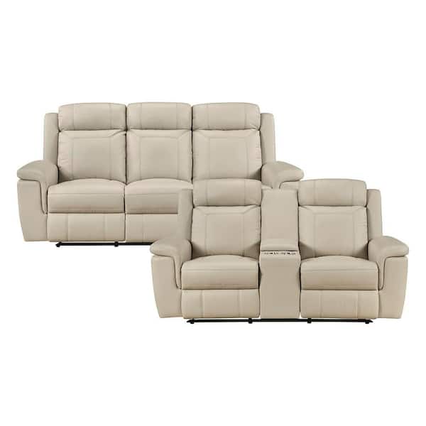 Zorven 83.5 in. W Pillow Top Arms Top Grain Leather Rectangle 2-Piece Living Room Sofa Set with Storage Console in Beige