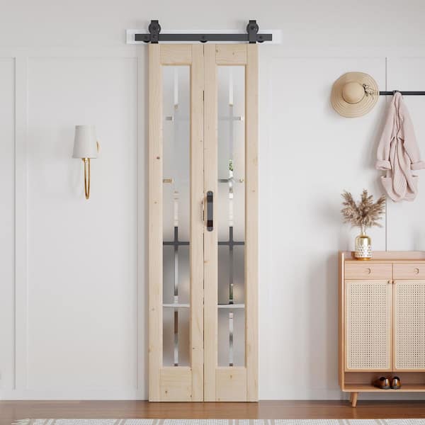 24 in. x 84 in. Full Lite Pre Assembled Frosted Glass Solid Core Wood Bi-Fold Door with Hardware