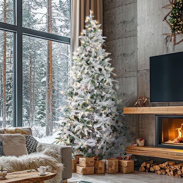 9 ft. Pre-lit Flocked Mountain Pine Artificial Christmas Tree with 800 Clear Smart String Lighting
