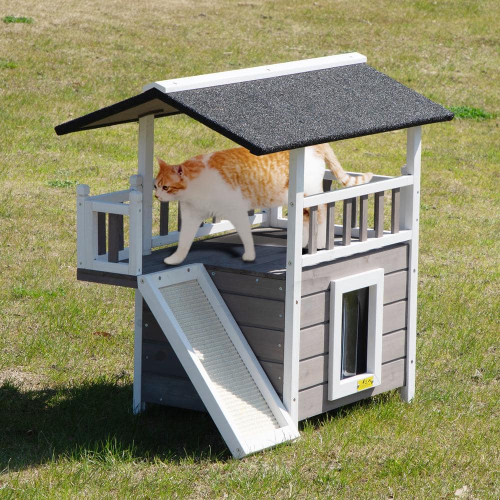 Medium Gray and White Wooden Outdoor Cat House with Balcony