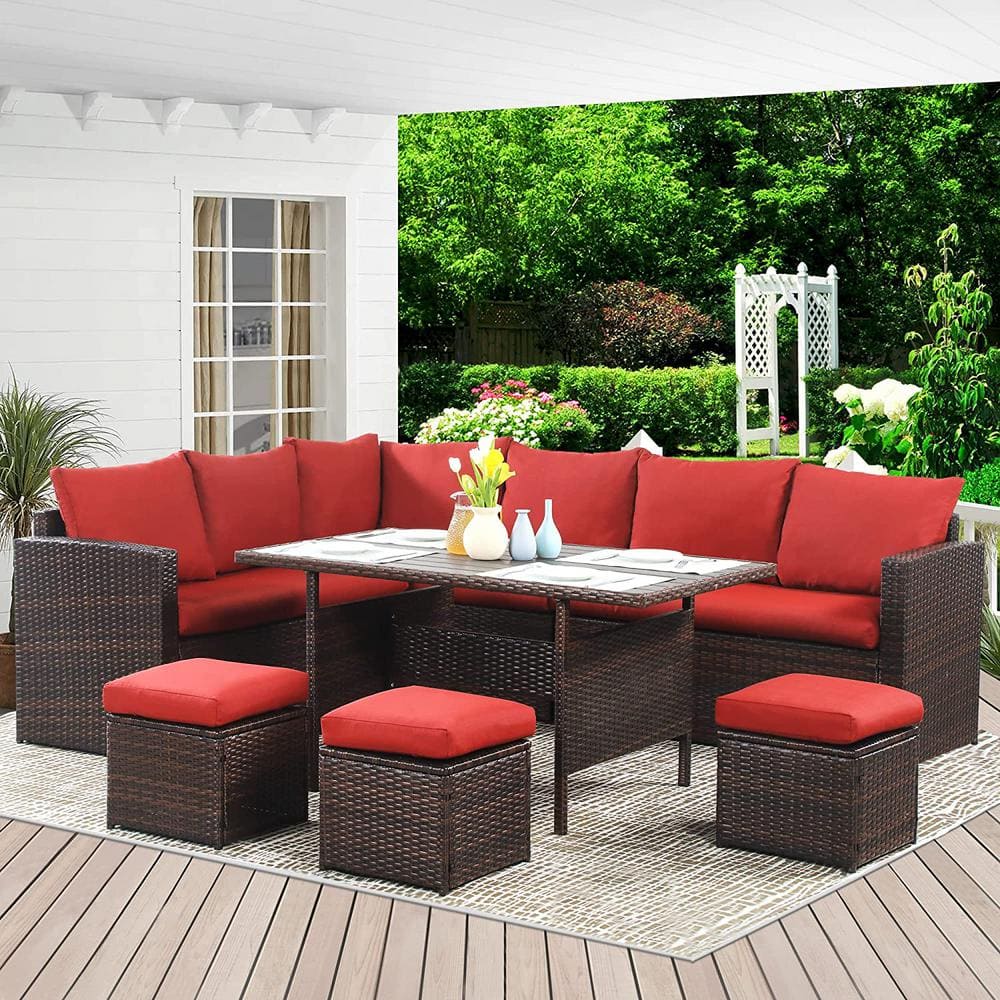 7-Piece All Weather Hand Woven PE Wicker Outdoor Patio Sectional Sofa Dinin