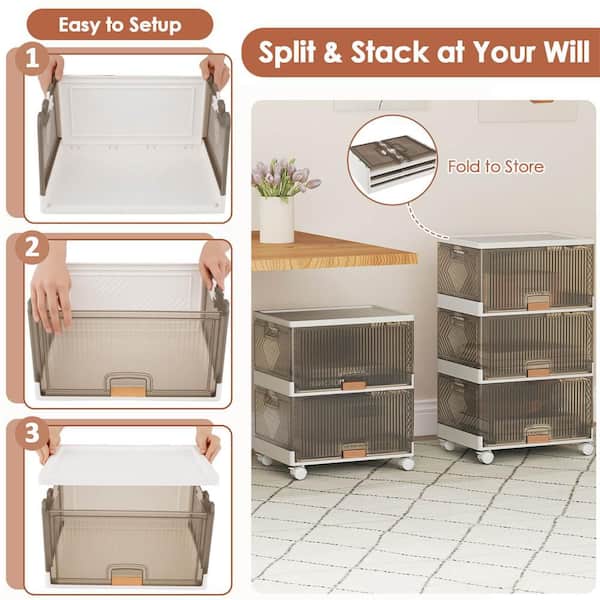 Costway 13.5 Gal. 3-Cube Stackable Storage Bins in White and Brown