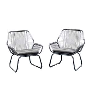 Milan Gray and White Armed Faux Rattan Outdoor Lounge Chair with Gray Cushion (2-Pack)