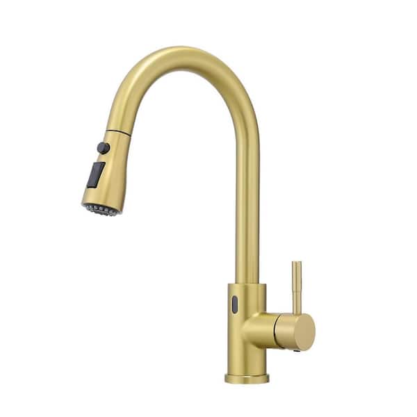 Touchless Single Handle 14.5 in Pull Down Sprayer Kitchen Faucet, Sensor Kitchen Faucet Sprayer in Brushed Gold