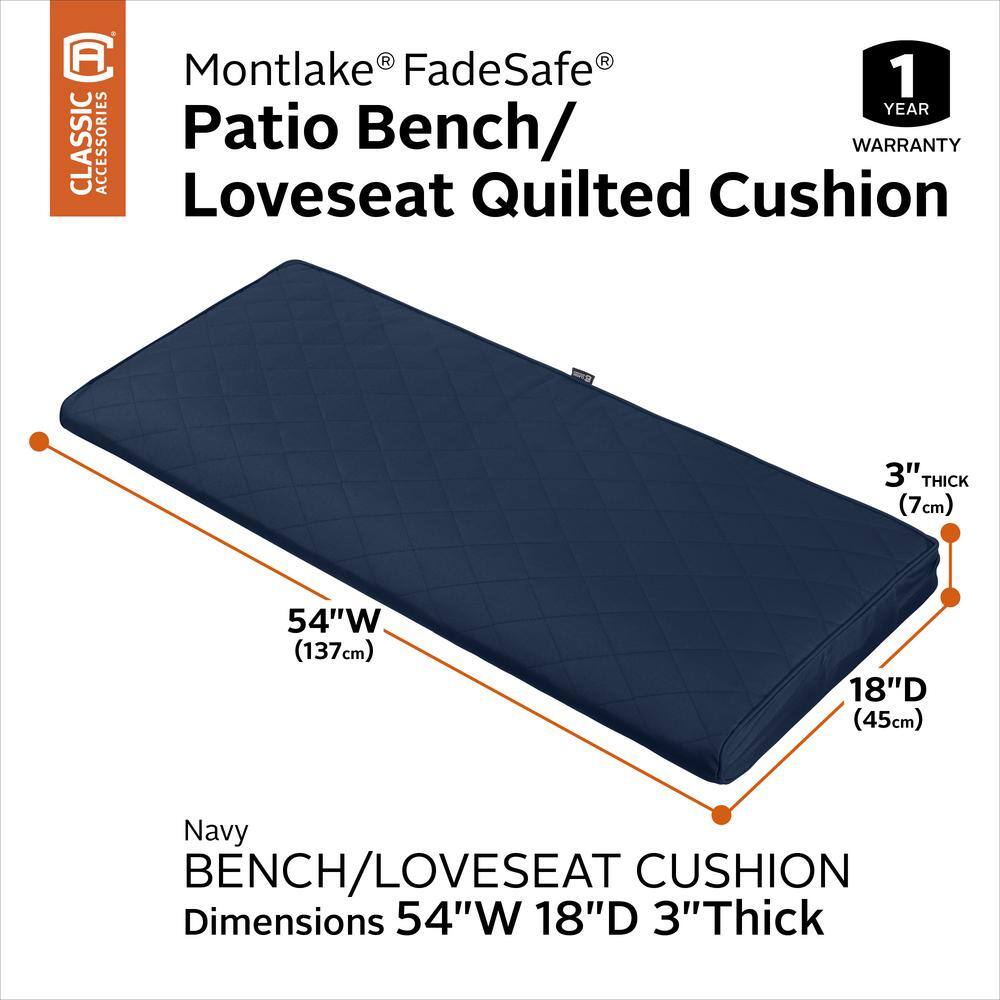 Montlake FadeSafe Navy Quilted Outdoor Settee Cushion, 54"W x 18"D x 3"H