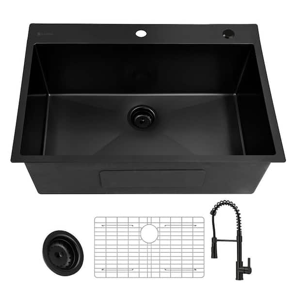 Glacier Bay 33 in. Drop-In Single Bowl 18 Gauge Black Stainless Steel Kitchen Sink with Black Spring Neck Faucet
