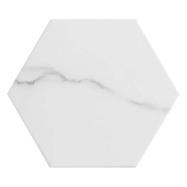 Porlan Benecia White 8-in. x 9-in. Hexagon Marble Look Matte Porcelain Floor and Wall Tile Sample