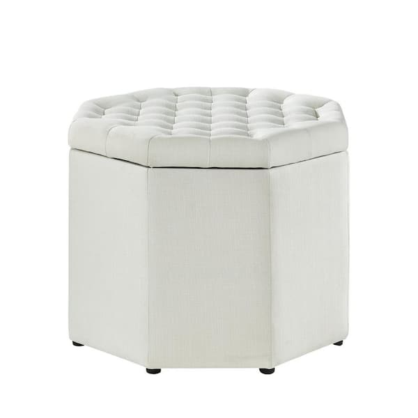 Inspired Home Luna Cream White Linen Upholstered Tufted Octagon Storage Ottoman