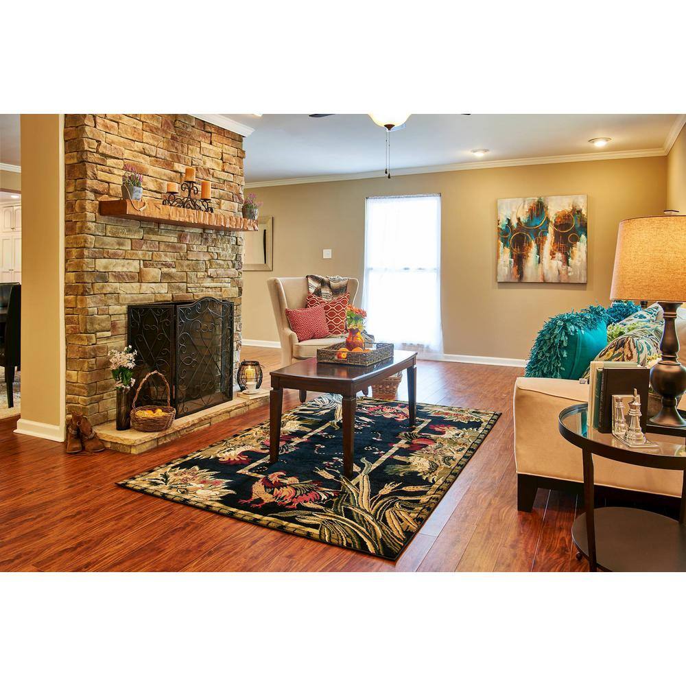 Black Floral Synthetic Square Indoor Rug, 6' x 6'