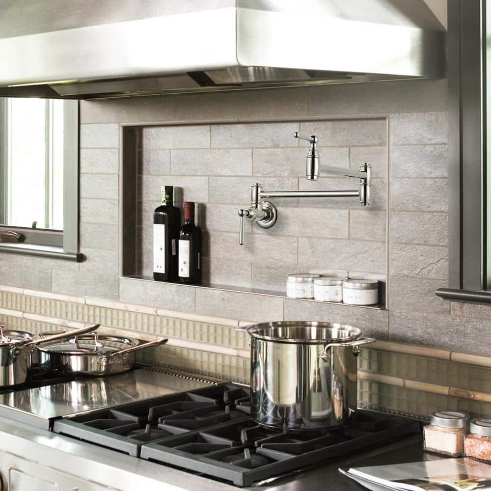 Polished Nickel Double Handle Wall Mount Pot Filler Faucet