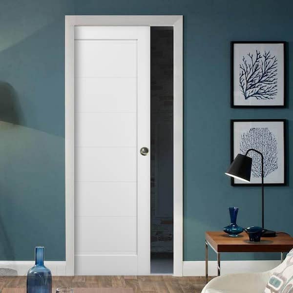 4115 42 in. x 80 in. Single Panel White Finished Solid MDF Sliding Door with Pocket Hardware