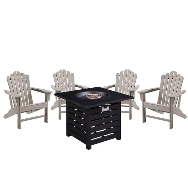 Mondawe 5-Piece Brown Recycled Plastic Patio Conversation Set Adirondack Chair with Black Propane Firepit for Yard