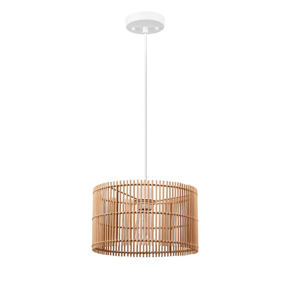 1-Light White Shaded Pendant Lighting with Natural Bamboo Shade