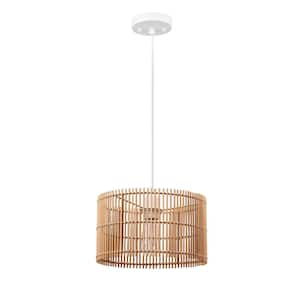 1-Light White Shaded Pendant Lighting with Natural Bamboo Shade