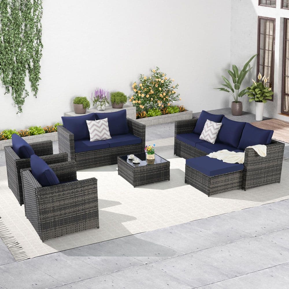 5-Piece Wicker Outdoor Sectional Set with Dark Blue Cushions and Coffee Tab