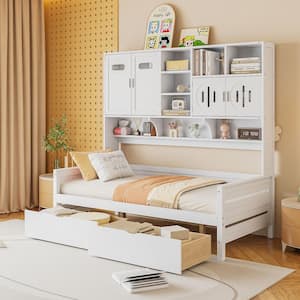 White Twin Size Wood Daybed with 2 Drawers, All-in-One Cabinet, Storage Shelves