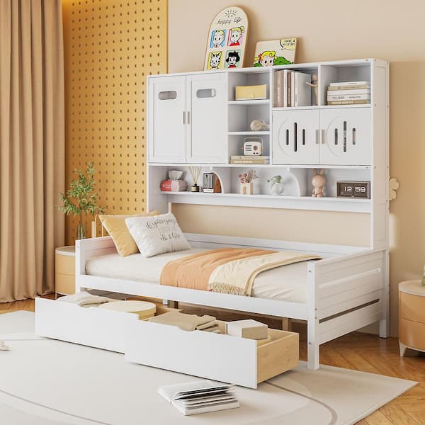 Harper & Bright Designs White Twin Size Wood Daybed with 2 Drawers, All-in-One Cabinet, Storage Shelves