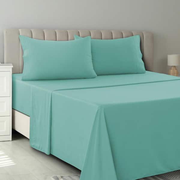4-Piece Teal Solid Color Microfiber Queen Deep Pocket Sheet Set