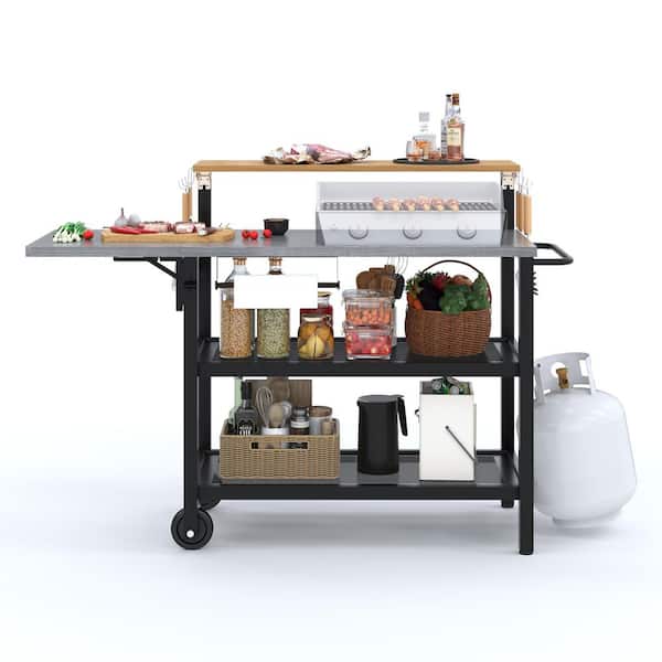 Black 4-Shelf Outdoor Multi-functional Grill Cart with Foldable Tabletop, Movable Food Prep Table