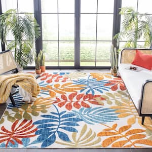 Cabana Cream/Red 7 ft. x 7 ft. Abstract Palm Leaf Indoor/Outdoor Patio  Square Area Rug