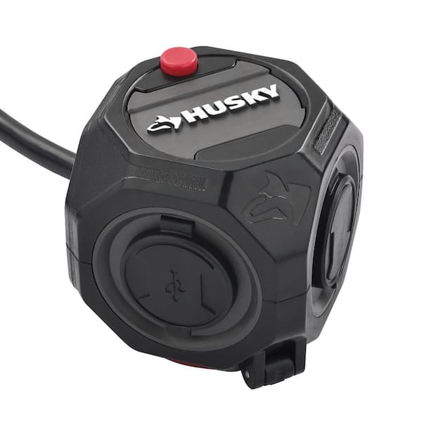 Husky 8 ft. Power Ball Extension Cord with 3-Outlet, 2 USB ports, dust covers, in a rugged, compact design.