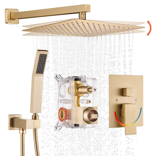 Heemli 12 in. Rain Single Handle 2-Spray Shower Faucet Kit Handheld Combo w/ Valve 1.8 GPM Adjustable Dual Shower Heads in Gold
