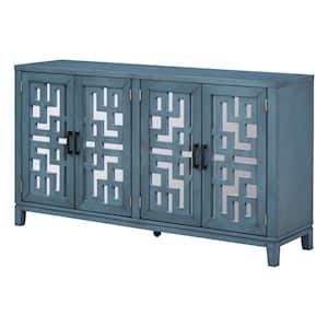 Navy Blue Wood 60 in. Mirrored Buffet Sideboard with 4-Door and Metal Pulls