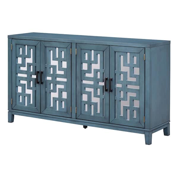 Nestfair Navy Blue Wood 60 in. Mirrored Buffet Sideboard with 4-Door and Metal Pulls