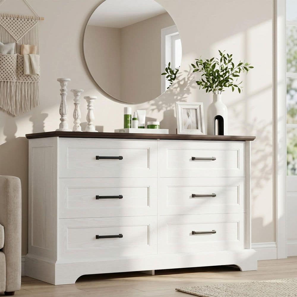 6 drawer dark brown and white dresser LACOO 47.2 in. W 6-Drawer Wide Dresser, Wood Grain Veneer Storage Chest with Black Metal Pulls, Body with Top V-WD-0946A-8WT Dress