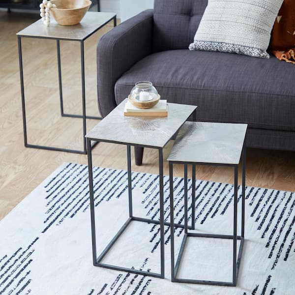 Litton Lane 14 in. Silver Geometric Large Rectangle Aluminum End Accent Table with Black Stands (3- Pieces)
