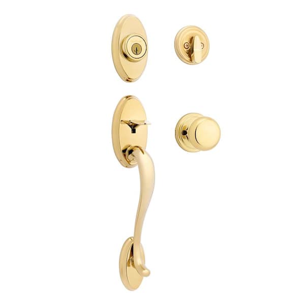 Shelburne Polished Brass Single Cylinder Door Handleset with Interior Juno Doorknob featuring SmartKey Security