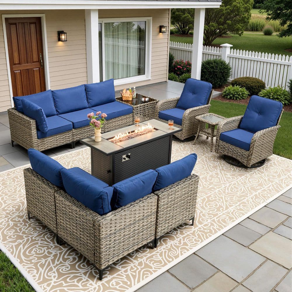 Reno 11-Piece Wicker Outdoor Patio Fire Pit Conversation Sectional Sofa Set with Swivel Chairs and Navy Blue Cushions price history on PriceWatchPro