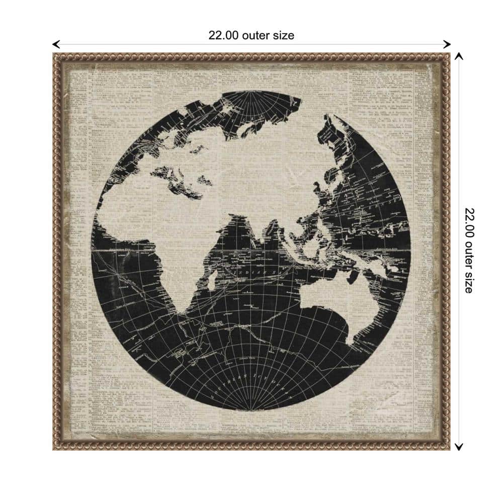 World News Map II Navy Canvas Print with Bronze Frame