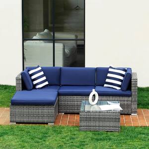 5-Piece Wicker Rattan Patio Conversation Sets All-Weather PE Sofa Set with Pillows and Blue Cushions