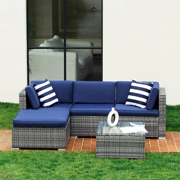 Tozey 5-Piece Wicker Rattan Patio Conversation Sets All-Weather PE Sofa Set with Pillows and Blue Cushions